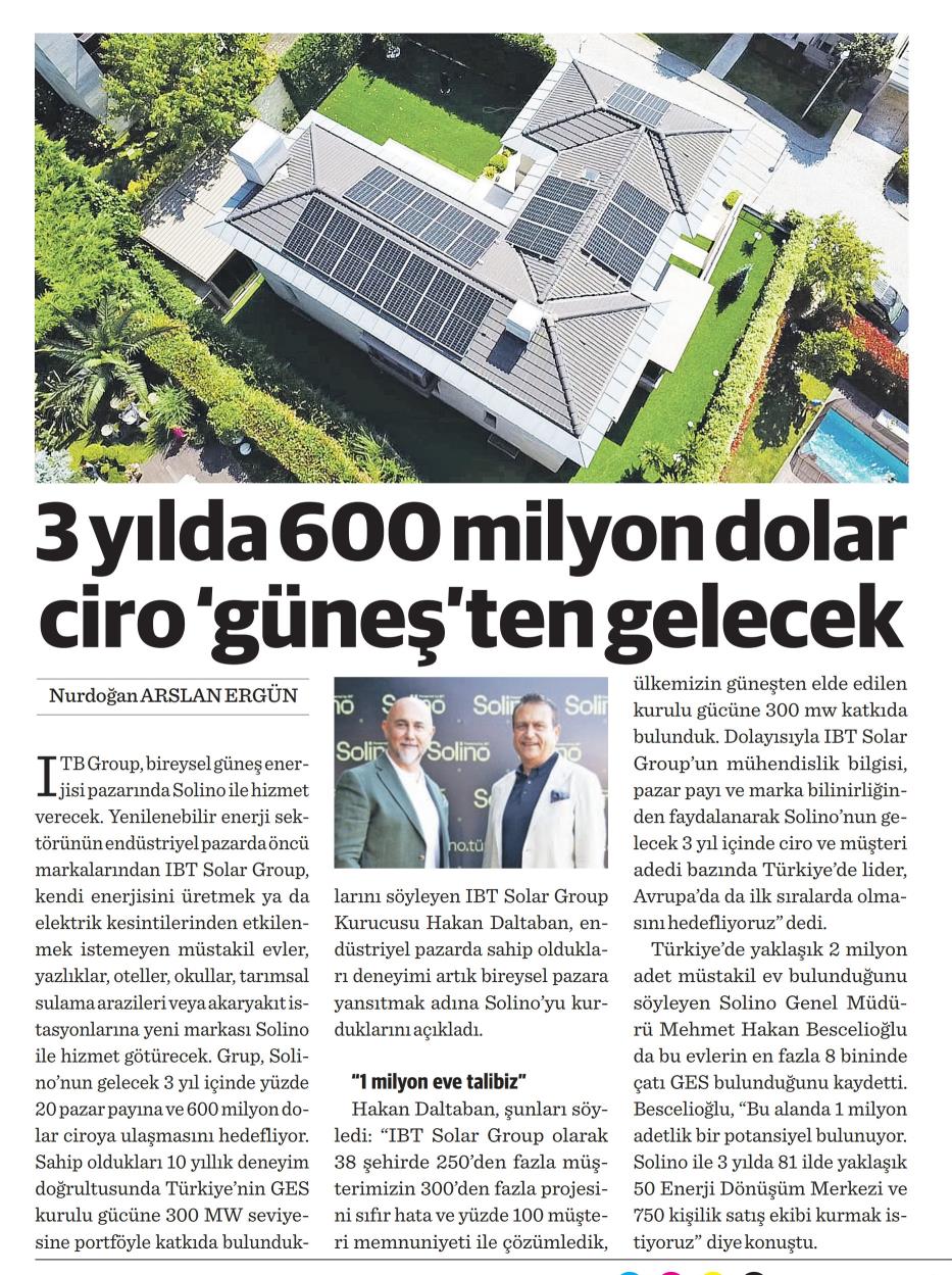 Dünya: 3 yılda 600 milyon dolar ciro ‘güneş’ten gelecek.