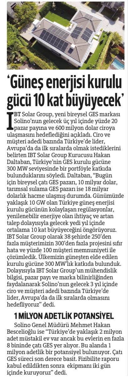 Hürriyet: Güneş enerjisi kurulu gücü 10 kat büyüyecek.